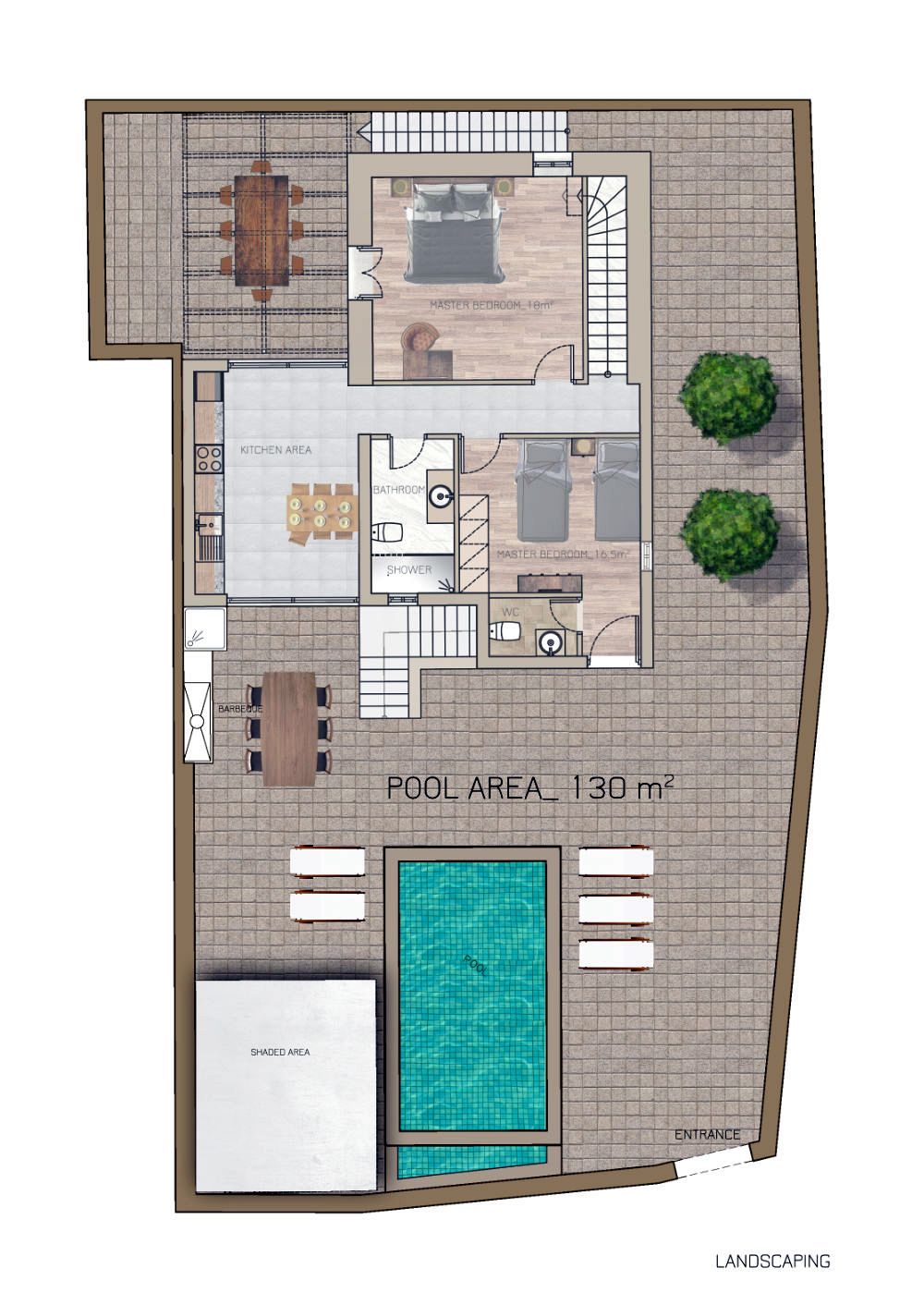 Floor plan showing a pool area measuring 130 square meters, adjacent to rooms labeled kitchen area, master bedroom, and bathroom. The plan includes shaded areas and an entrance point.