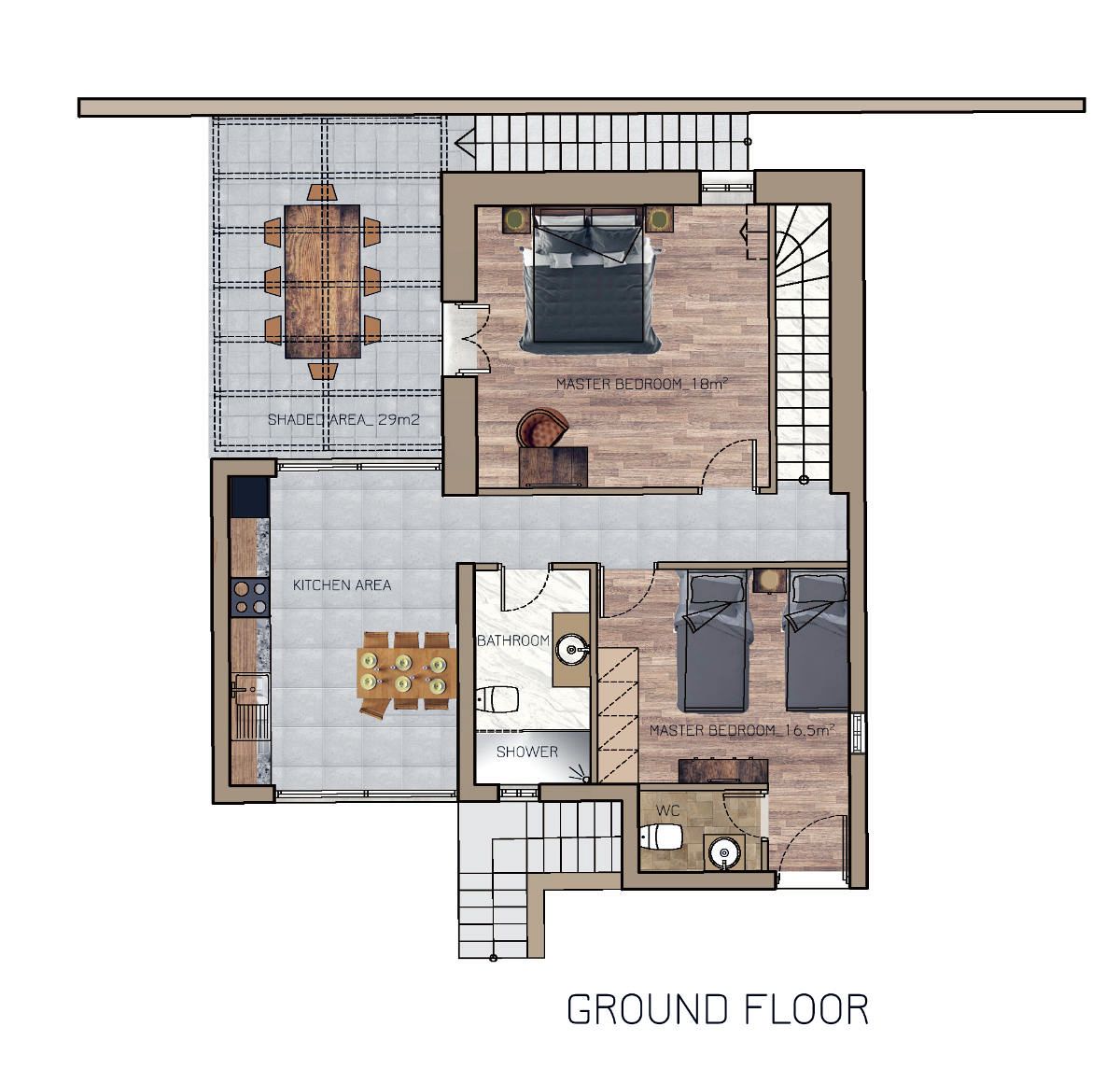 Architectural floor plan showing a ground level layout with labeled areas including kitchen area, shaded area, master bedroom 16m, bathroom, and shower.