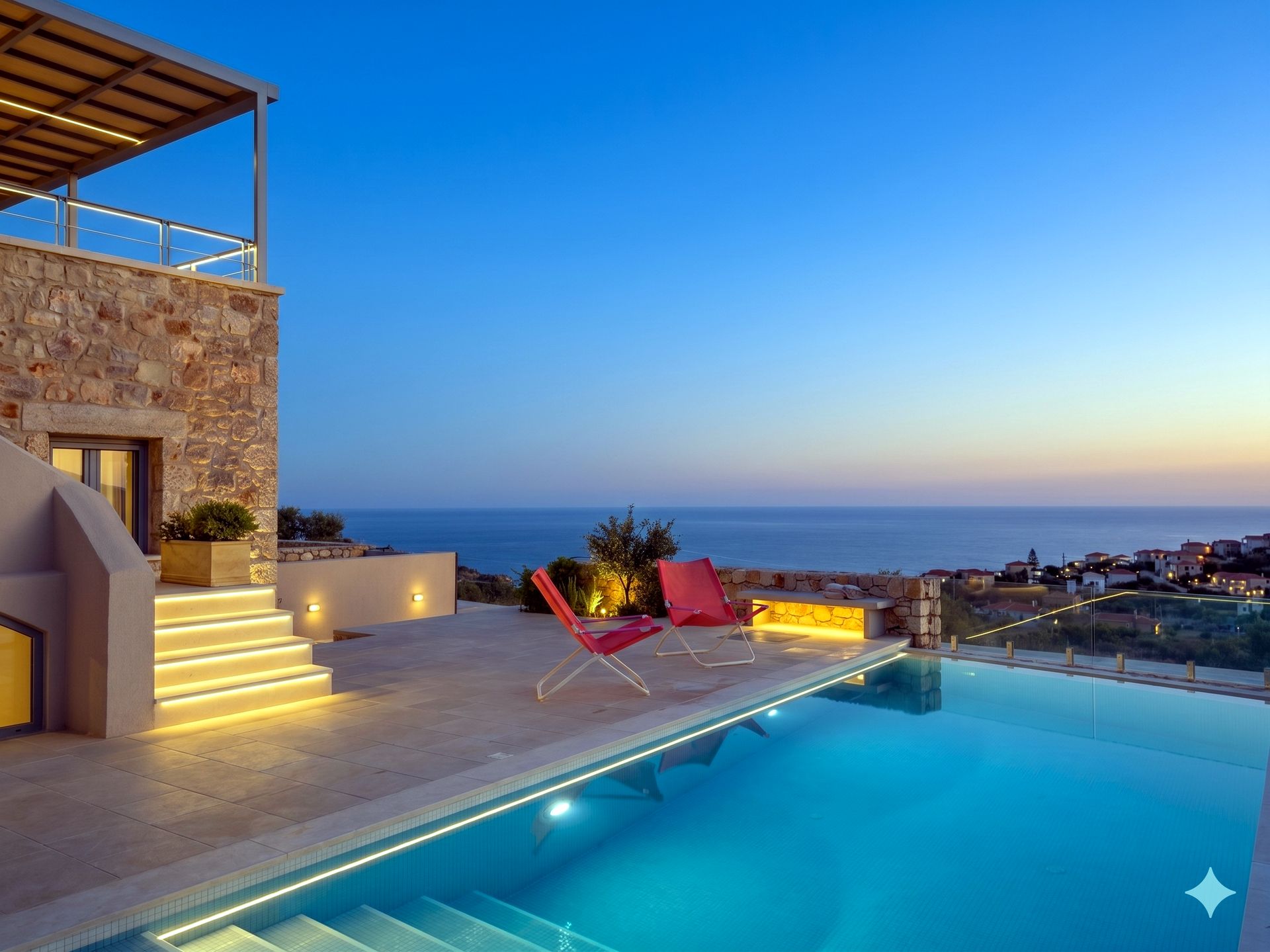 A rectangular swimming pool occupies the foreground, with illuminated steps leading into the water. Beyond the pool, a stone patio holds two red lounge chairs. The background features the expanse of the Aegean Sea meeting the sky at twilight.