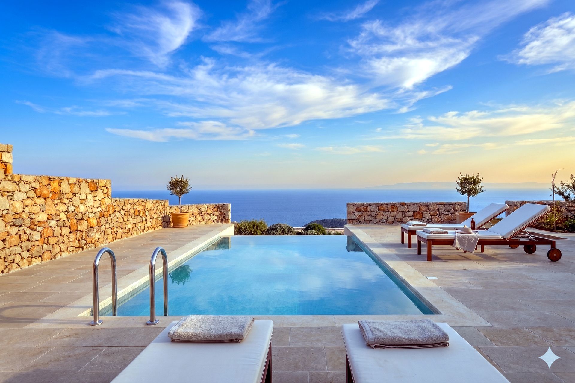 A rectangular swimming pool sits in a paved patio area with stone retaining walls. Two lounge chairs are positioned near the pool edge, overlooking a vast blue sea and sky.