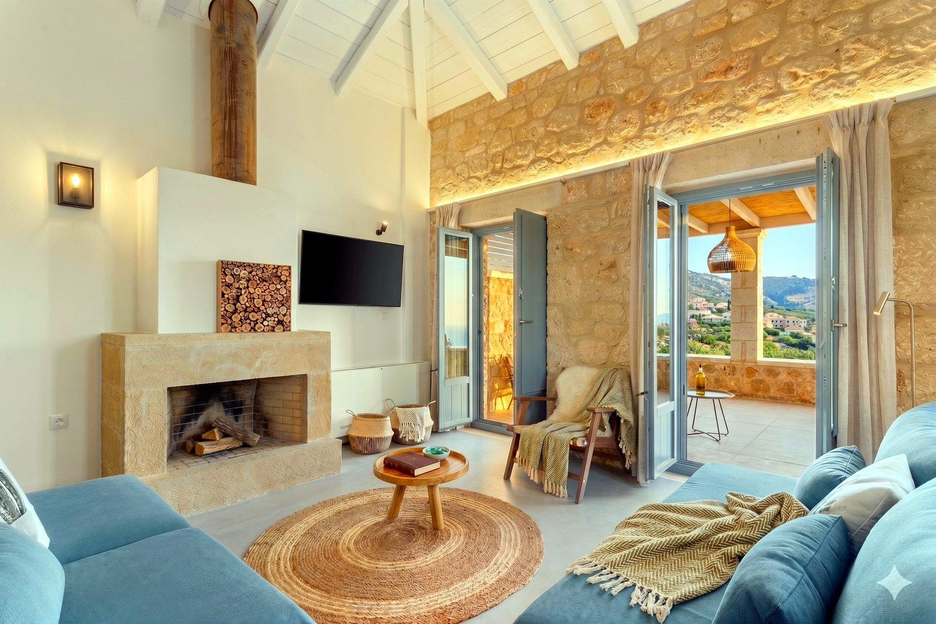 Large sectional sofa in blue fabric sits on a circular rug in a room with a stone fireplace and sliding glass doors leading to an outdoor patio.