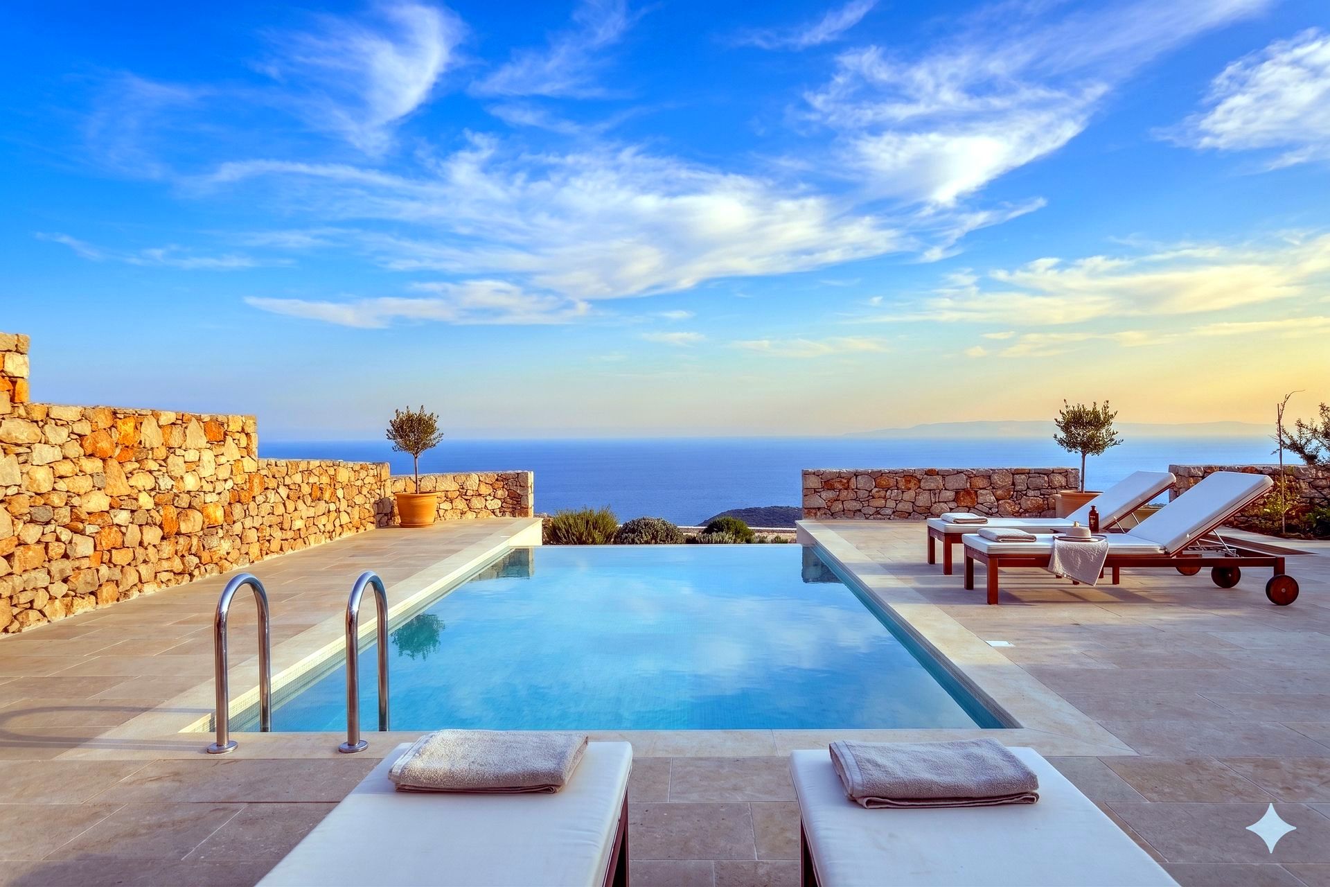 Rectangular swimming pool set against a backdrop of blue sky and distant sea. Stone retaining walls border the pool area, and two lounge chairs rest on the tiled deck.