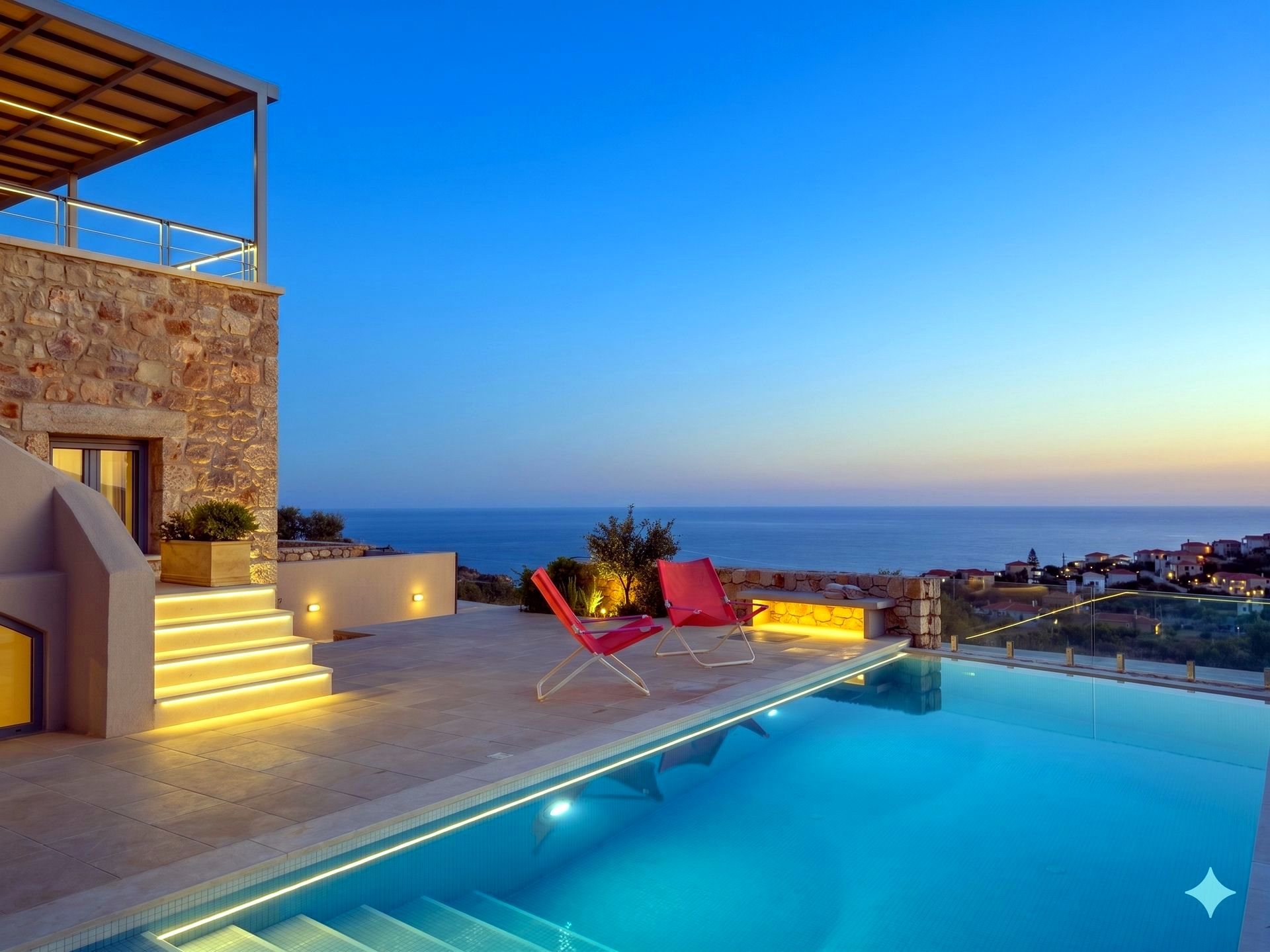 A rectangular swimming pool occupies the foreground, leading toward a patio with two red lounge chairs. Beyond the pool, there is a low stone wall overlooking the sea under a bright blue sky.